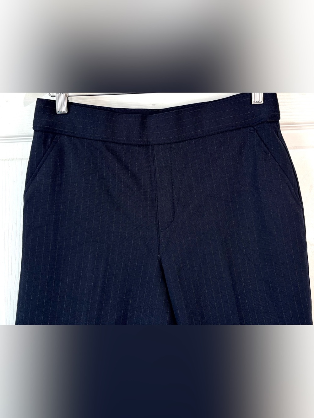 SPANX Supersmooth PerfectFit Navy Blue pinstripe Ponte Wide Leg Pants Medium - Picture 3 of 6